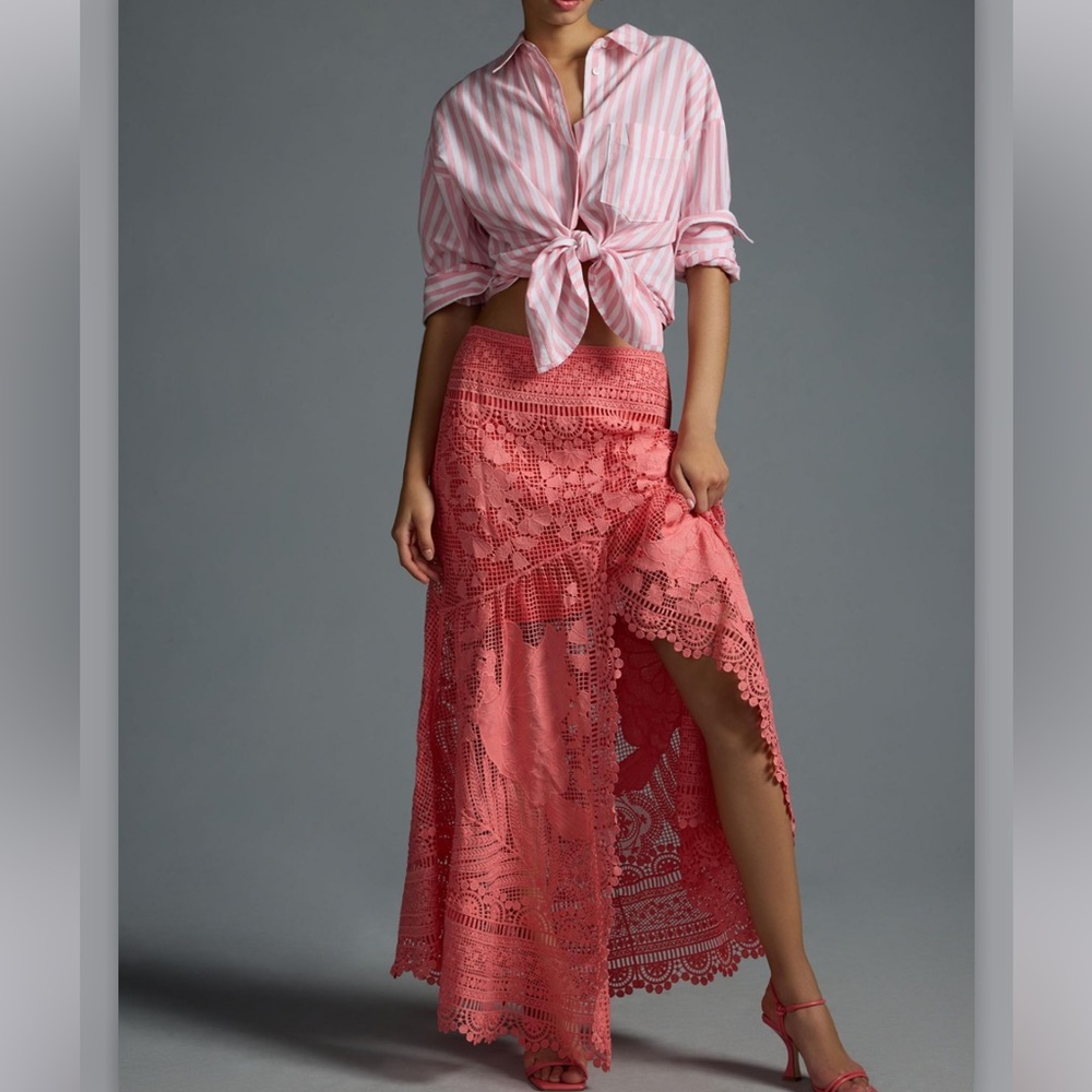 Anthropologie Farm Rio Guipure Lace Skirt, pink, XS